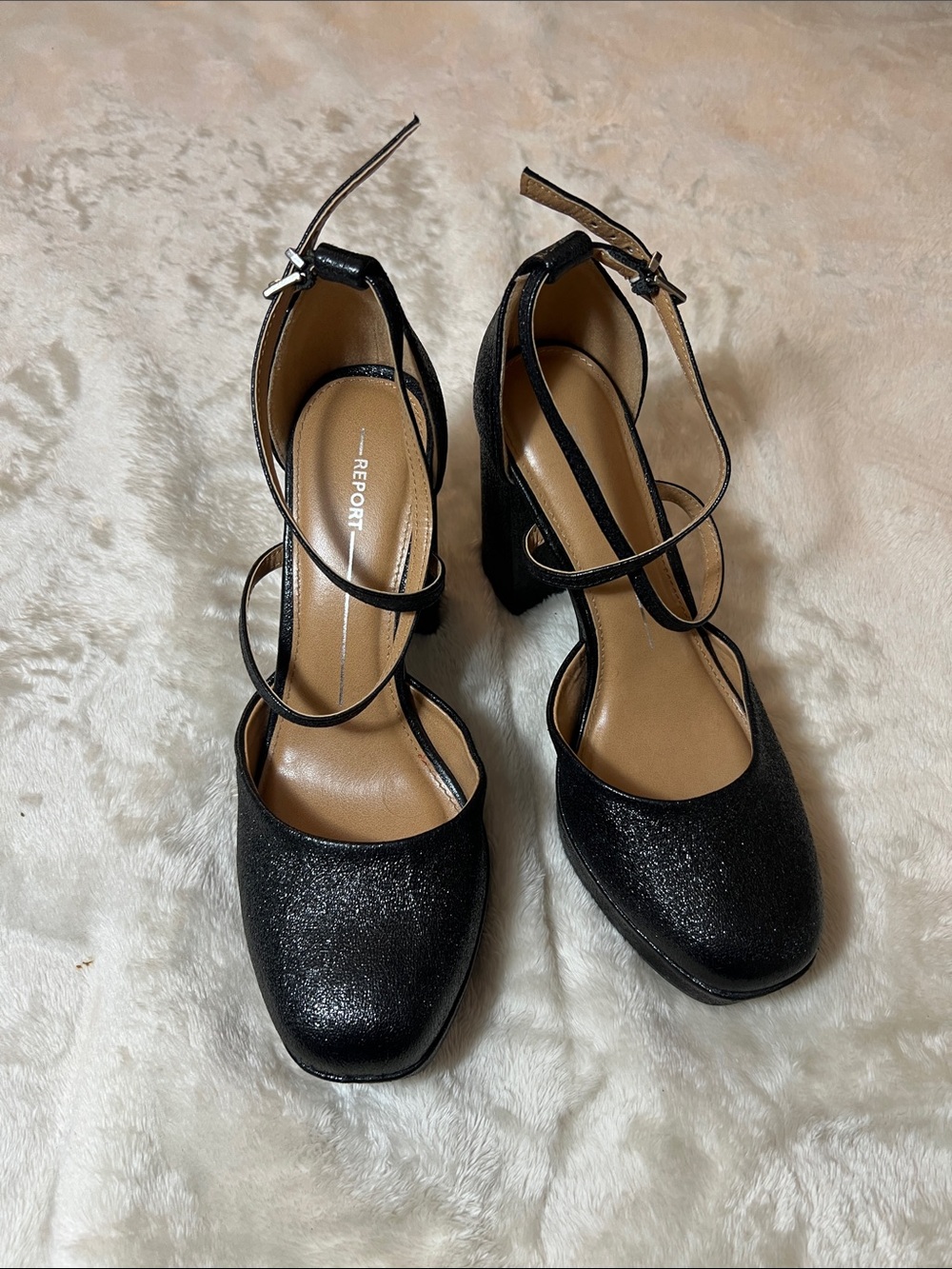 REPORT Black Glitter Ankle-Strap Block Heels